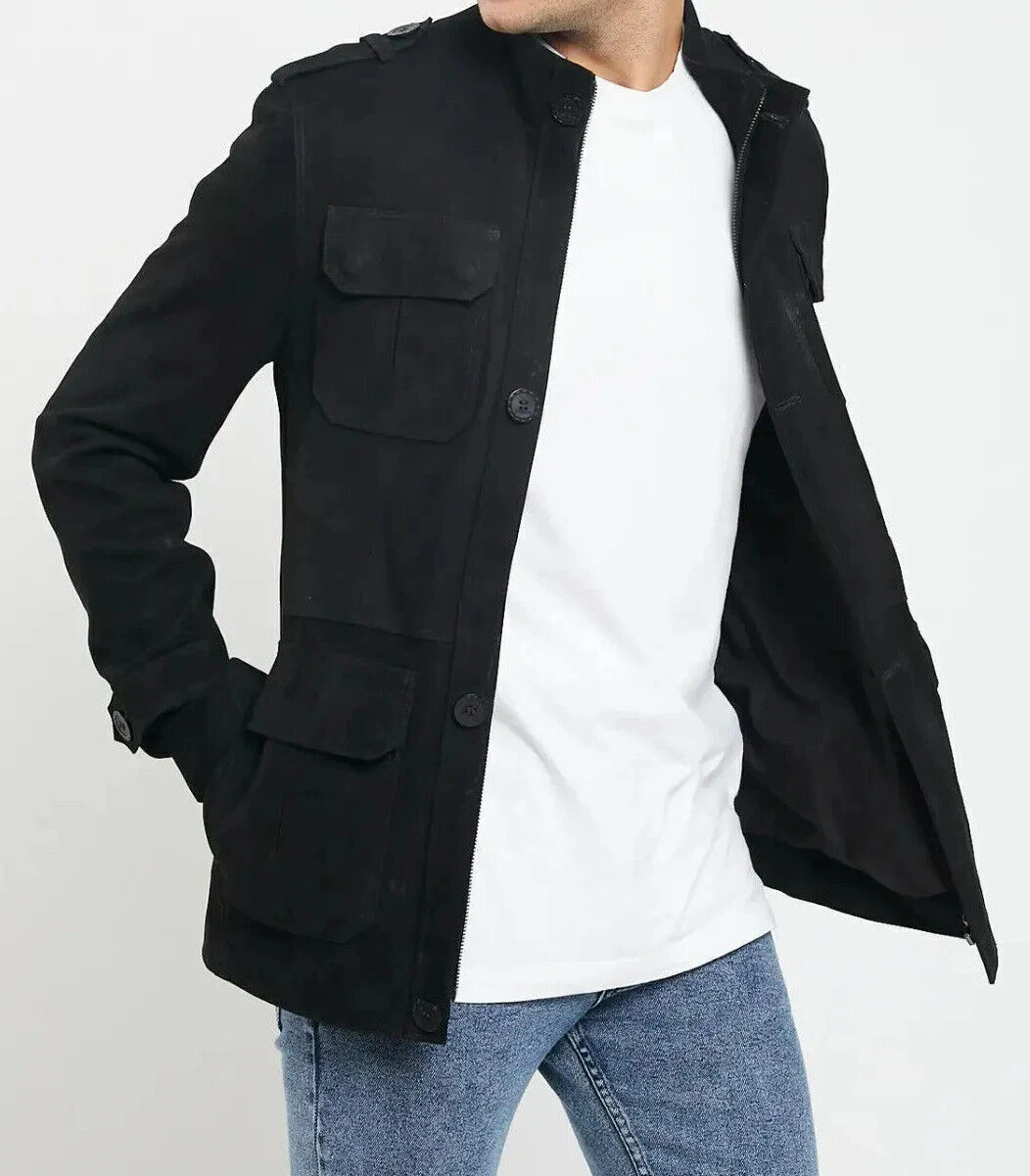 Men's Black Suede Leather Coat Jacket 100% Real Lamsbkin Stylish Pocket Jacket