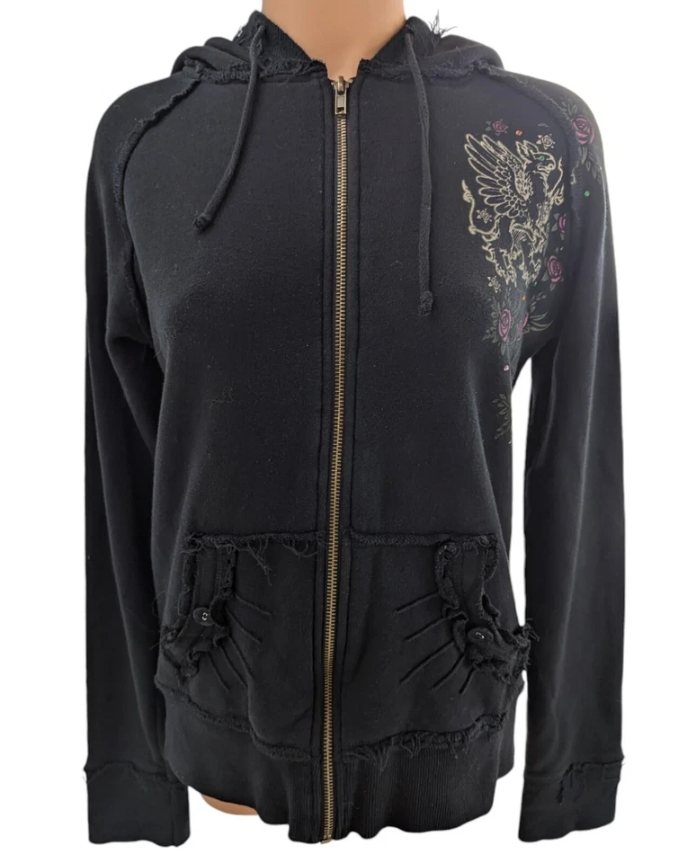 Hard Rock Seoul Woman's Size XL Black Fringed Hooded Pockets Graphics Hoodie - Image 3 of 4