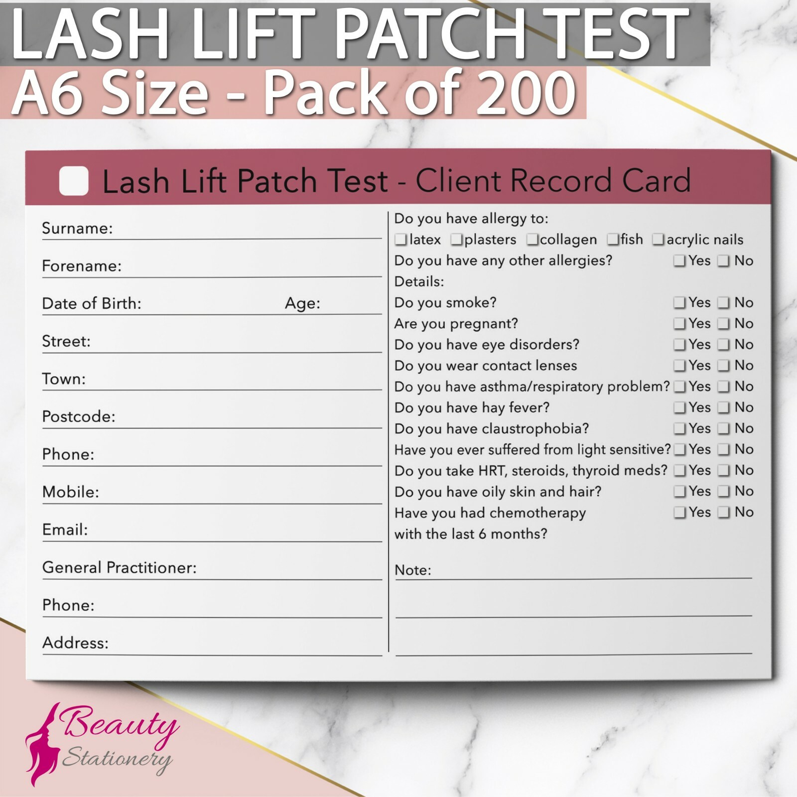 Lash Lift Patch Test Client Record Card Treatment Consultation Salon A6 x200