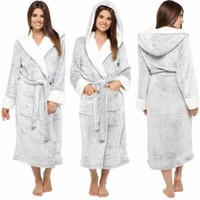 Womens Ladies Dressing Gown Hooded Fleece Lined Fluffy Snuggle Soft Warm Robe