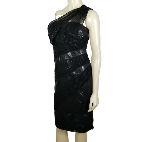 Tadashi Shoji one shoulder mesh tulle and sequin cocktail black dress sz 4 - Picture 4 of 9