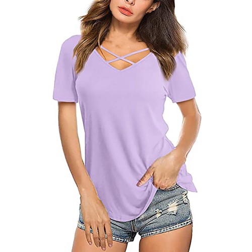 Women Summer Tops V Neck Criss Cross Short Sleeve Basic Plain Tee T-Shirt Blouse - Picture 5 of 75
