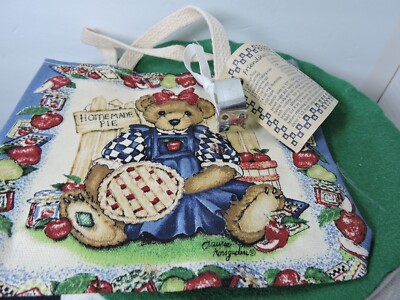 Cloth bag with bear and pie sign with cookie recipe/heart cutter