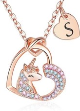 14K Gold Plated Unicorn Necklace Initial S Girls Heart CZ Pendant Hypoallergeni