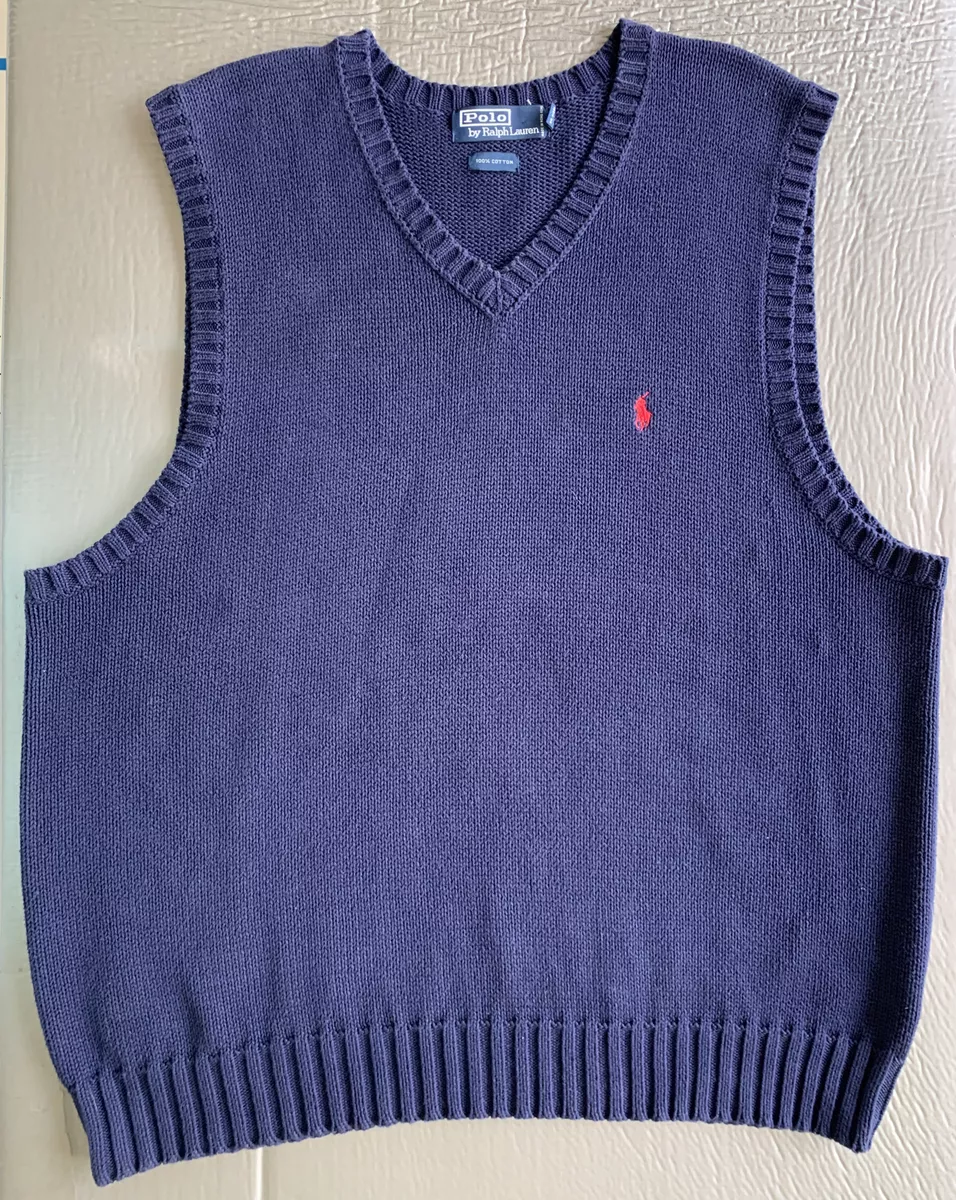 Vintage Ralph Lauren Polo Cotton Sweater Vest Mens Navy Blue X-Large V-Neck