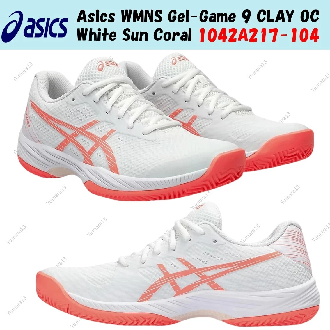 Asics WMNS Gel Game 9 CLAY OC White Sun Coral 1042A217 104 taglia donna