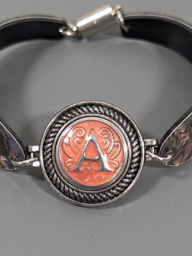 Faux Abalone Shell Initial Letter A Snap Charm Magnetic Clasp Bracelet 7 in - Picture 2 of 8