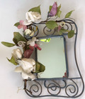 Vtg Tabletop Mirror Wire Scroll Folding Stand Silk Flower Embellishments 9x6.75
