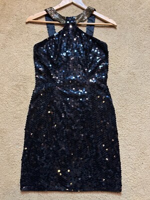 Niteline Della Roufogali Black Sequin Formal Cocktail Halter Prom Mini  Dress