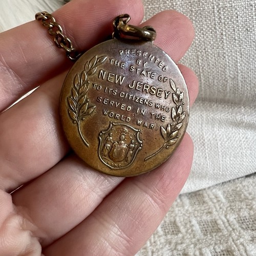 WWI 1917 1918 Bronze Victory Taschenuhr Medaille State of New Jersey Anhänger + Kette - Bild 3 von 9