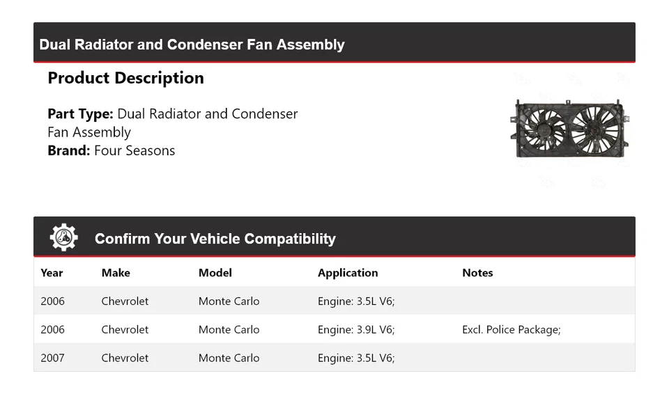 Conjunto de ventilador condensador radiador doble para Chevrolet Monte Carlo 2006-2007 4 mar Foto 2 de 4