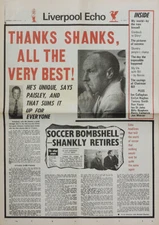 LIVERPOOL ECHO REPRO NEWSPAPER 26 APR 1975 . LIVERPOOL FC BILL SHANKLY RETIRES