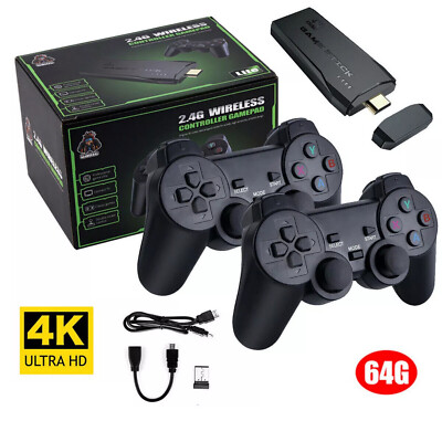 64GB 4K 20000+ Retro Video Game Console Stick w 2x Wireless Controller Gamepads
