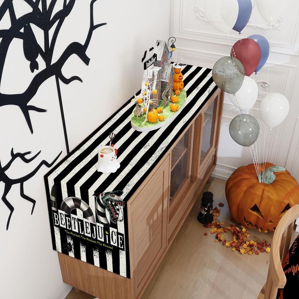 Linen Black And White Stripe Beetlejuice Halloween Table Runner 72