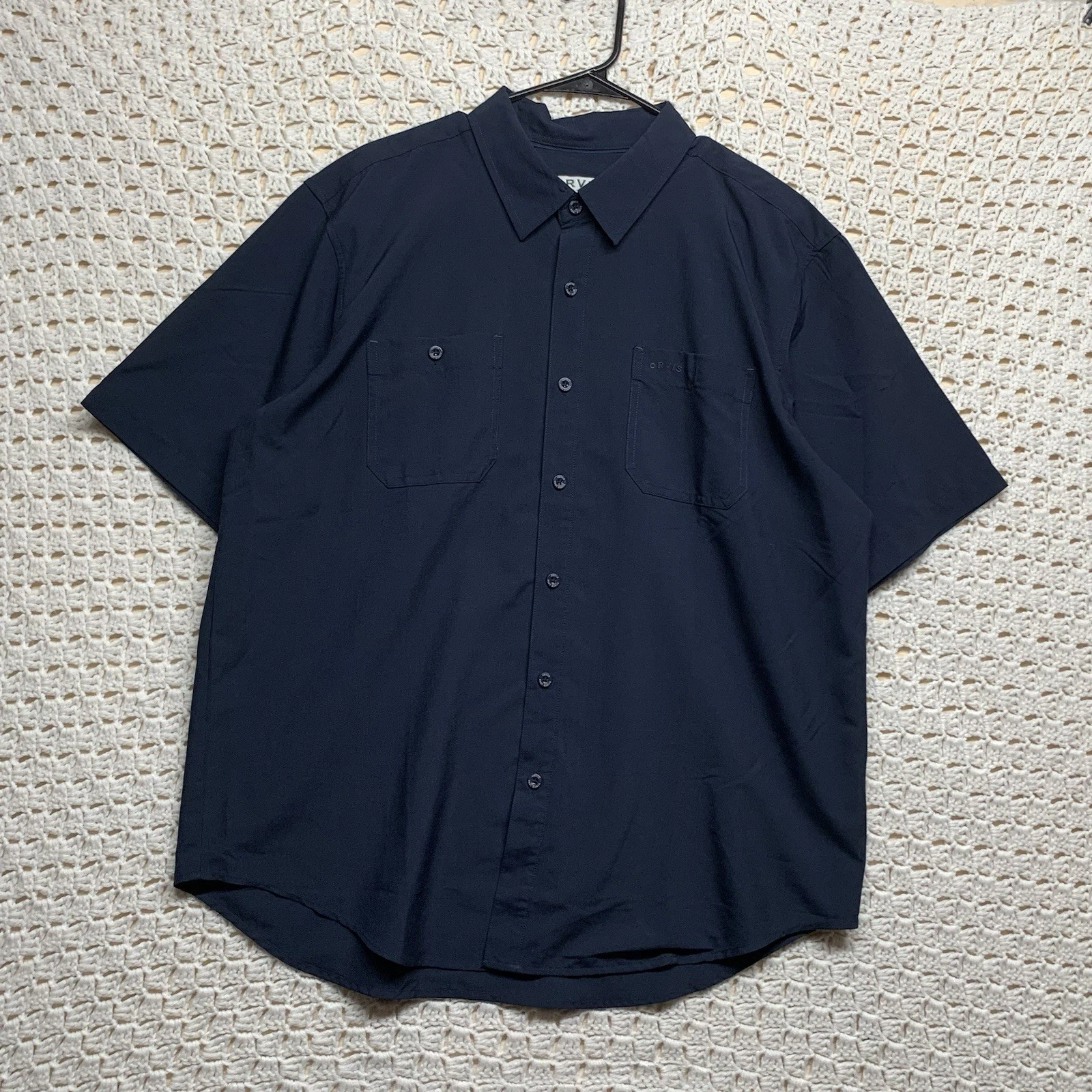 Orvis Classic Shirt Men XL Navy Blue Short Sleeve Button Up Chest Pockets