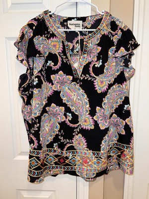 Savanna Jane Blouse/Top Plus Size 3X Black Multi Paisley Floral Flutter SS NWT