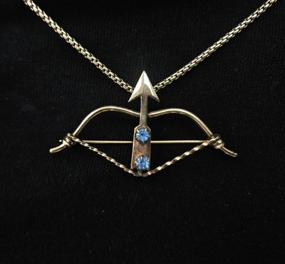 Antique Signed LINC 12k Gold Fill Cupid Bow & Arrow Brooch Enhancer Blue