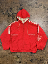VINTAGE 90S ADIDAS PUFFER FULL ZIP HOODED JACKET NYLON QUILT LINED SIZE LARGE