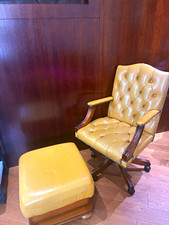 Beige/Mustard Leather Padded Swivel Office Chair with Dark Wood Arms & Footstool