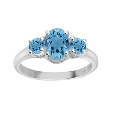 925 Sterling Silver Oval Swiss Blue Topaz Gemstone Three Stone Women Ring