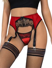 Women's Lace Mesh Garter Belt Set with 4 Metal Clips and Thong