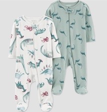 Baby Carter  s 2pk Of Ultra Soft Zippered Sleepers Green Dinosaur Print Size 9mo