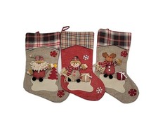 Set Of 3 Burlap Stocking with a 3D Santa, Snowman, Reindeer Plaid Cuff Red Brown