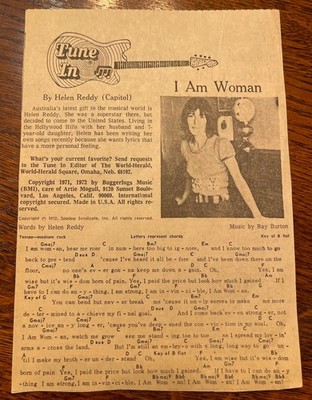 RARE World Herald Newspaper Clipping Tune in I Am Woman Helen Reddy 1972 Lyrics