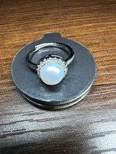 Elegant Sterling Silver Halo Ring w/ White Pearl  CZ Accents  Size 6 Adjustable