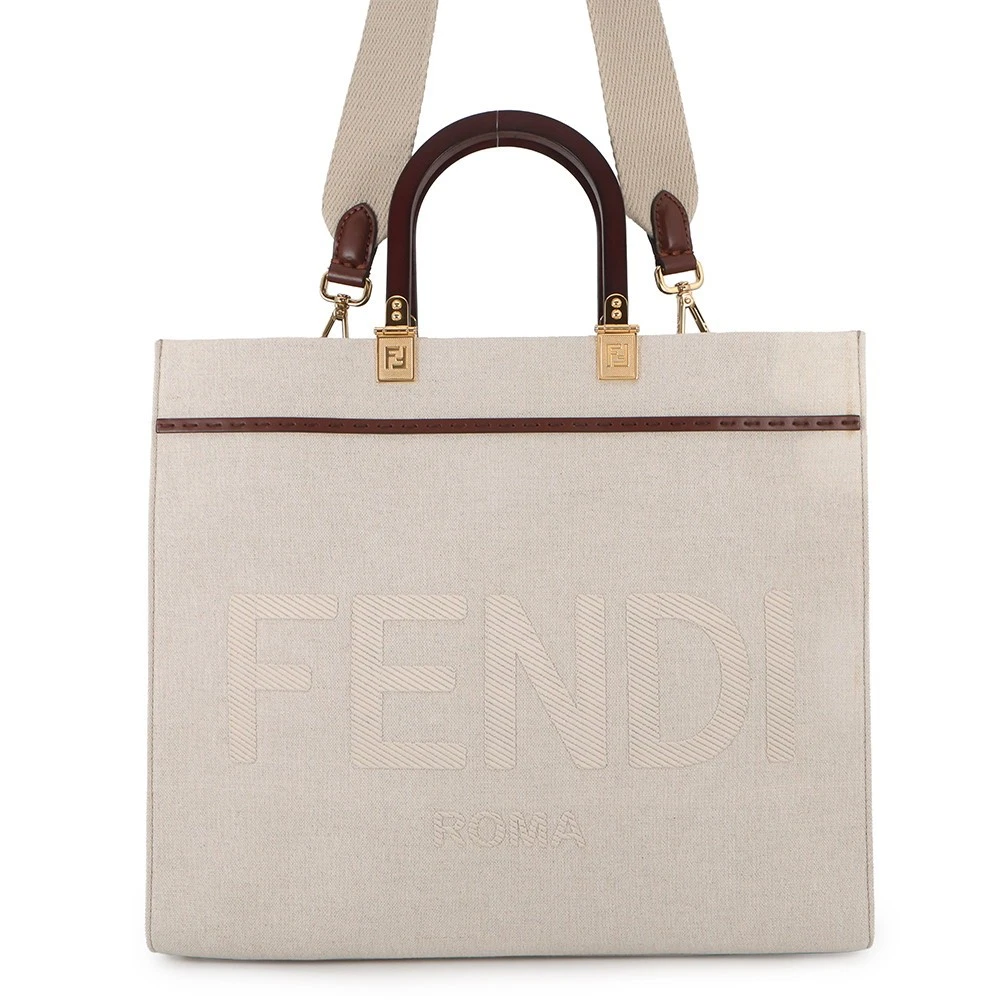 Fendi — FENDI Sunshine Tote Bag Size Medium Canvas/Leather Ivory/Brown 8BH386