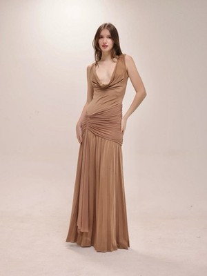 Meshki Dania Cowl Neck Slinky Maxi Dress Brown Ruched Pleated Stretch XXXL