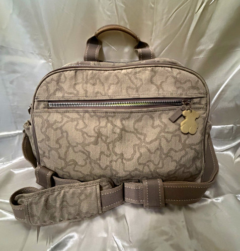 TOUS Bear Monogram Diaper Bag Messenger Shoulder Bag w/ Changing Mat Beige Taupe