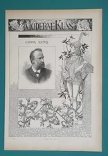 LUDWIG KNAUS German Genre Painter Portrait with Allegorical Border - 1889 Print