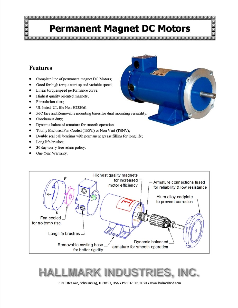 【2hp】DC Permanent Magnet DC Motor, 2 HP, 1800 RPM, 180V, 56C Frame
