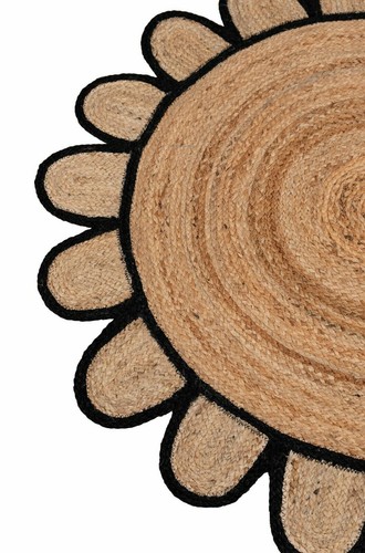 Rug Round Jute Scallop Design Hand Braided Farmhouse Jute Area Rug Beige + Black - Picture 3 of 4