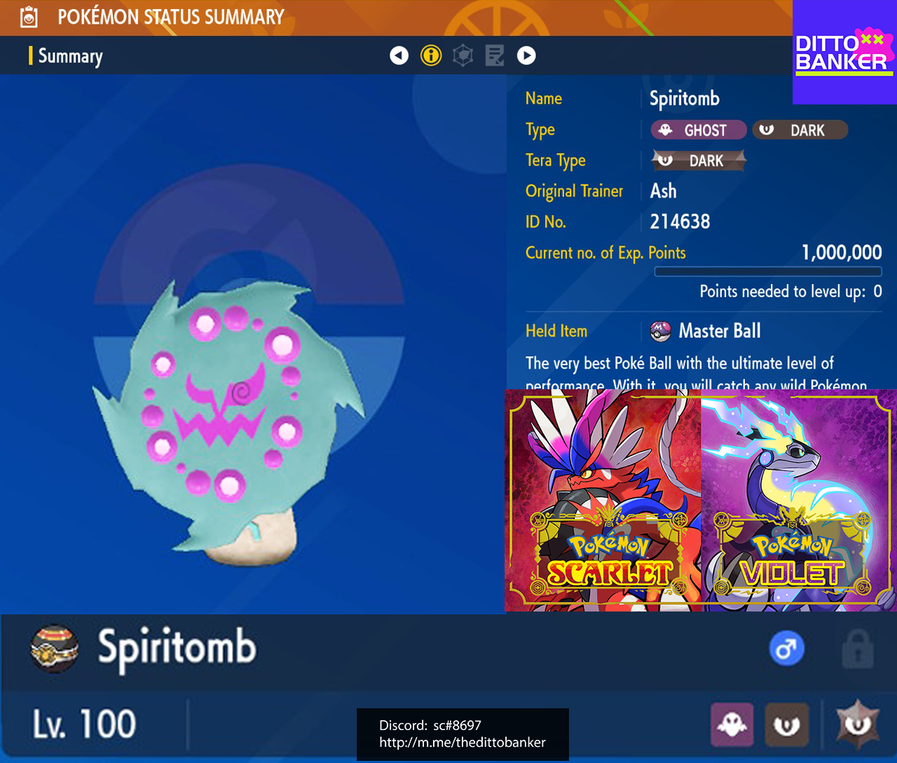 Pokemon Scarlet/Violet ✨SHINY SPIRITOMB Lv.100 Modest 6IV w/ Masterball  TRADE