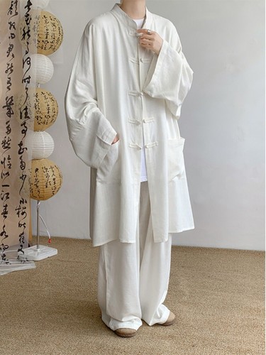 Hombres Abrigo Largo de Verano Hanfu Vestido Taoísta Bata Lino Ropa Traje Suelto Prendas para el torso + Pantalones - Imagen 2 de 18