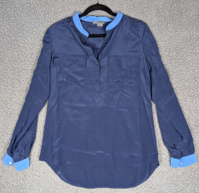 Vince Top Womens 100% Silk Two Toned Blue Split Neck Long Sleeve Blouse Blue 6