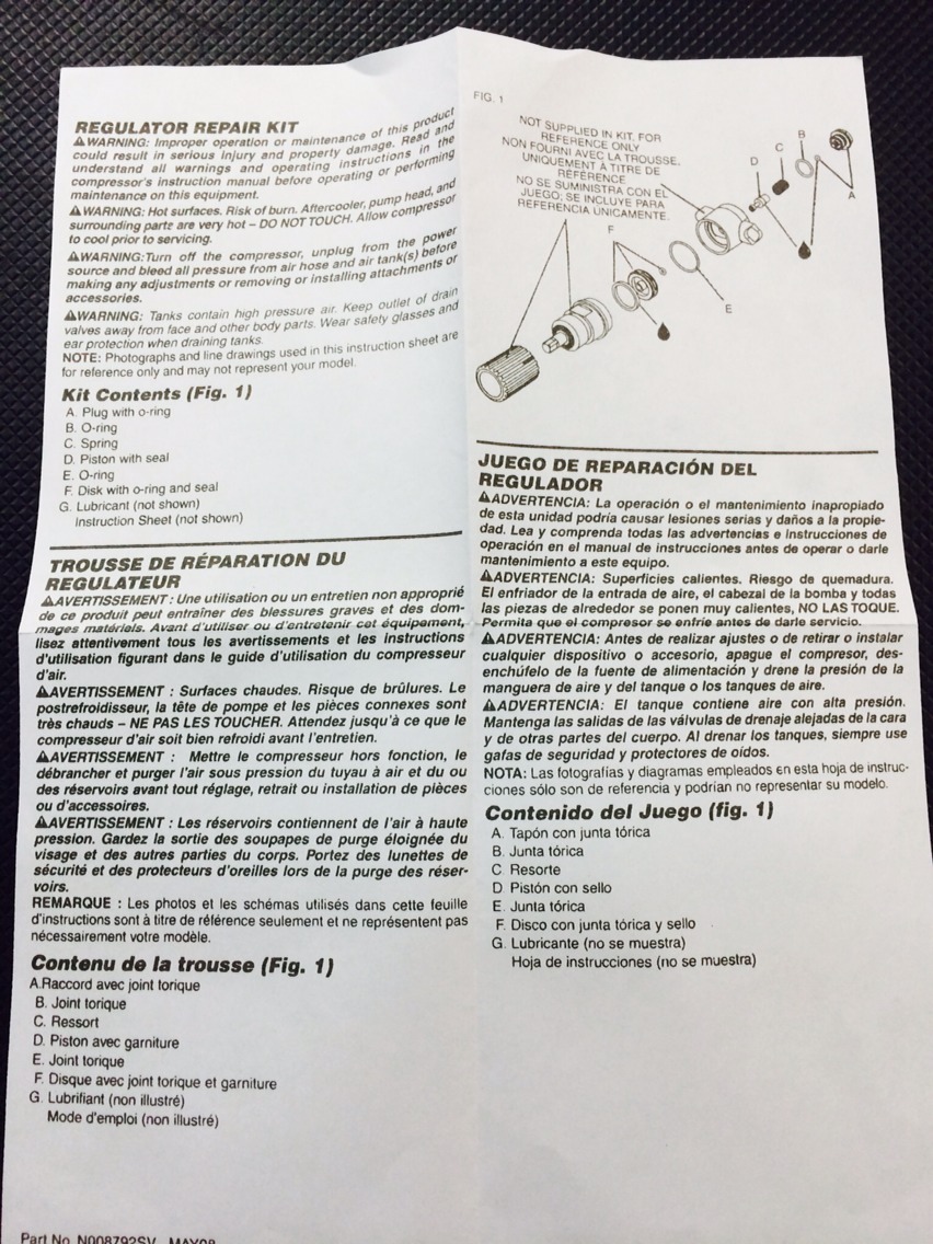 N008792 Porter Cable / Craftsman / Dewalt / Air Compressor Regulator