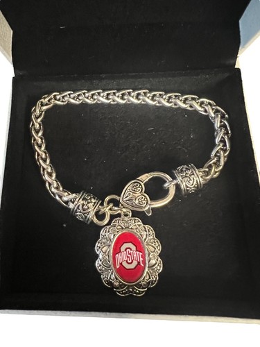 Women's Charm Bracelet OSU Buckeyes Filigree Silver Tone Red & Grey Game Day - 第 1/6 張圖片