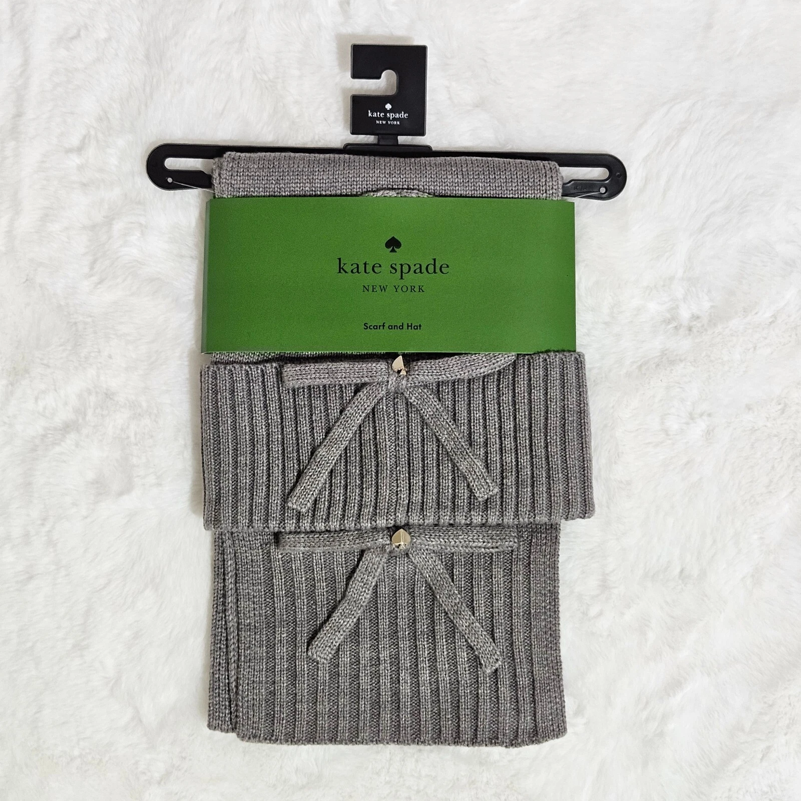 Kate Spade Beanie Hat & Scarf Set Heather Grey Bow Knit Minimalist Outdoor Gifts