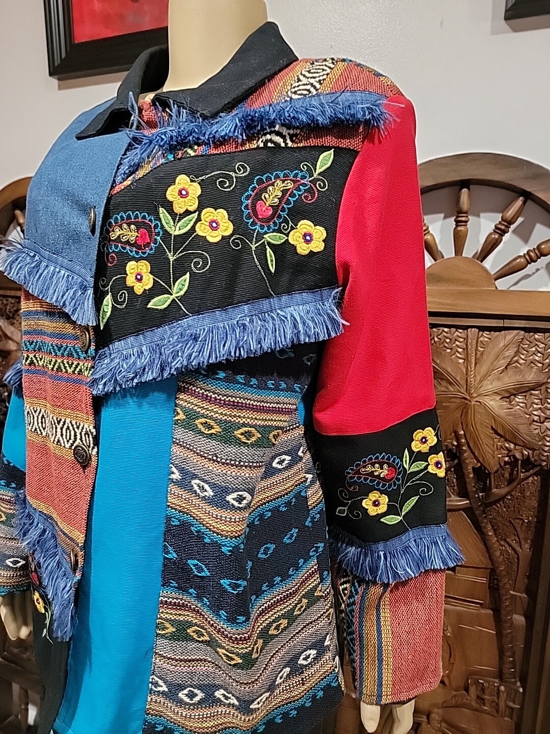 Indigo Moon Patchwork Jacket Size L Embroidered B… - image 6