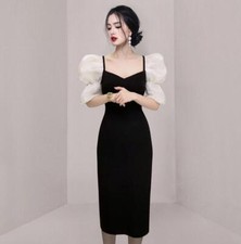 Women's Fashion Square Neck Puff Sleeves Two Tone Hip Package Pencil Dress 9986