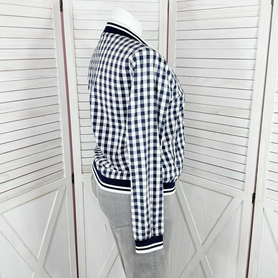 Chaqueta cortavientos Merona para mujer talla XL azul blanco a cuadros guinga bolsillo con cremallera completa Foto 3 de 4