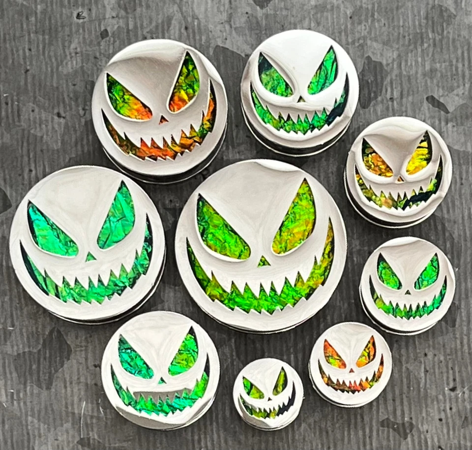 PAIR Scary Jack-O-Lantern Opal Glitter Screw Fit Tunnels Ear Plugs Earlet Gauges - Image 3 of 4
