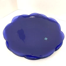 Set of 4 Annieglass Scalloped Handcrafted 13" Serving Plates Signed Blue USA