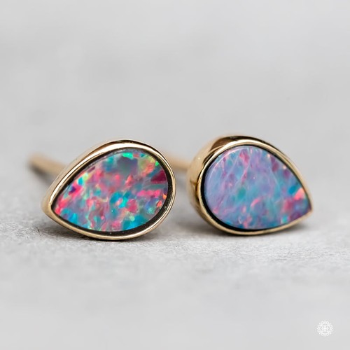 Rainbow Color Pear Shaped Australian Doublet Opal Stud Earrings 14K Yellow Gold - Picture 2 of 10