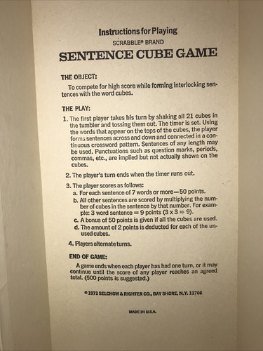 Scrabble Sentence Cube Game 1983 Vintage Selchow & Righter Co. Good Condition - Picture 7 of 7