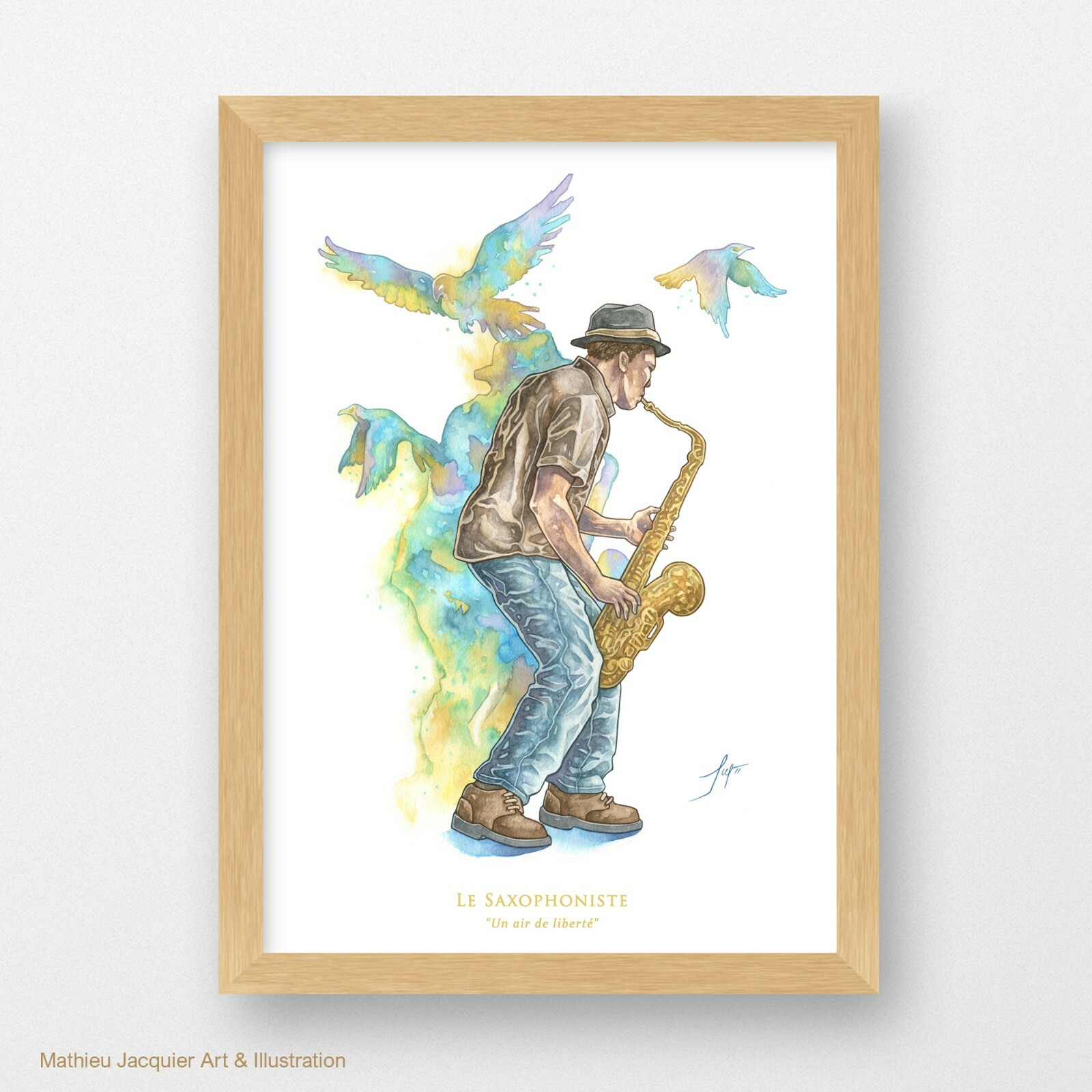 Affiche Jazz Le Saxophoniste, Aquarelle Fine Art Numérotée et Signée 40x50 cm