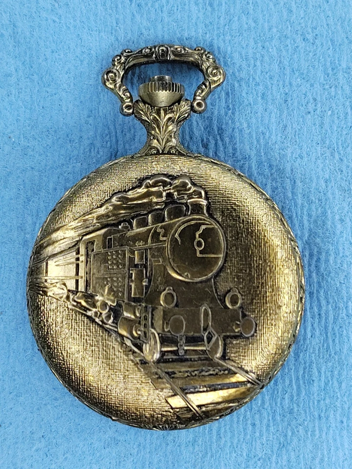 B28 Men Works Majestron Cho Cho Train Embossed Full Hunter 46mm Pocket Watch lot - Image 2 of 4